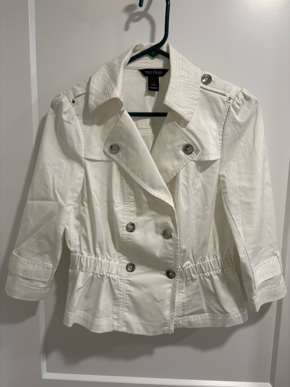 White House Black Market Women's White Double-Breasted Petite Trench Coat